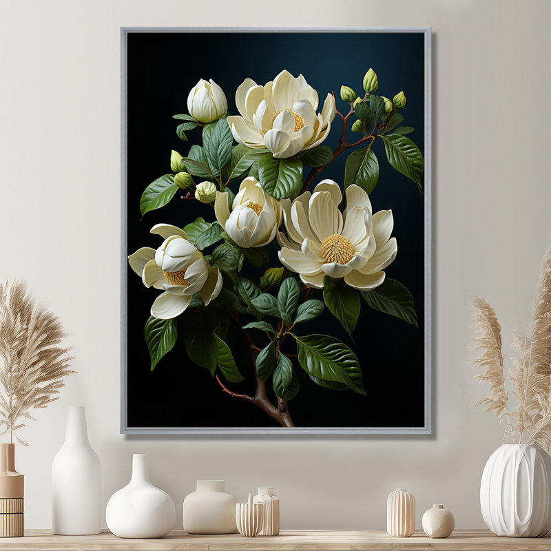 Art mural beige - Magnolias, H 32 po x l 24 po x P 1 po, Cadre argenté flottant