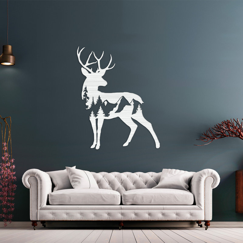 Art mural abstrait avec des cerfs et des montagnes - ACM, H 32 po x l 26,7 po x P 0,25 po, Argent