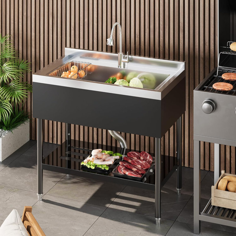 Stainless Steel Utility Sink, Free Standing Single Bowl Kitchen Sink, Adjustable Leg Height, with Faucet, Hot and Cold Water Pipes, Commercial Laundry Tub, Hook for Indoor Outdoor Farmhouse Use