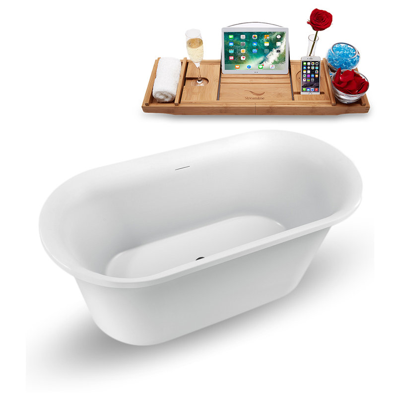 Baignoire de trempage autoportante 59 "avec drain et plateau en bambou 59" Streamline, Noir mat