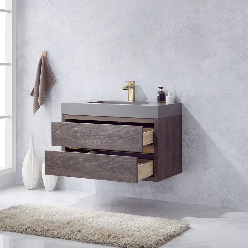 Ensemble de meuble-lavabo simple mural Vali, Finition chêne nord-américain, Blanc, 36"