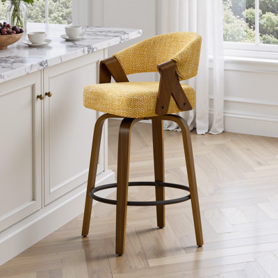 360° Swivel Mid-Century-Modern Walnut Bar Stool With Curved Upholstered Back