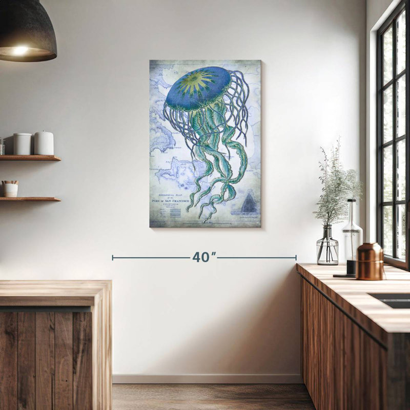 Méduse sur l'image d'une carte nautique, H 36 po x l 24 po