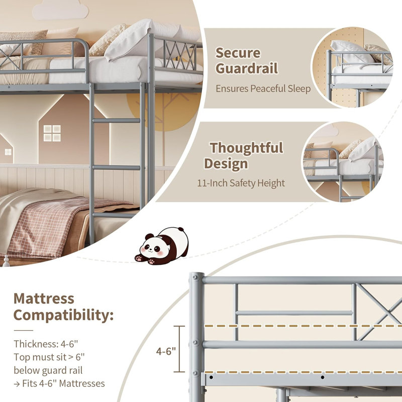 Twin Over Twin Metal Bunk Bed with High Guardrail, Heavy Duty Steel Frame, Space Saving, Gray, Gray