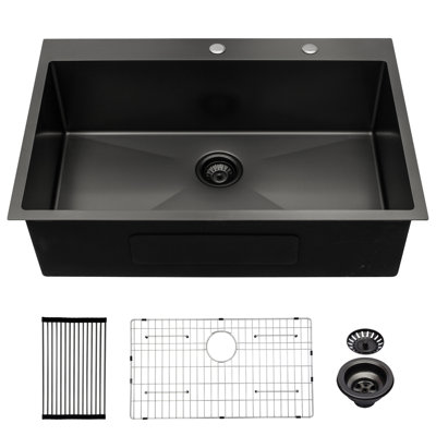 Évier de cuisine encastré de 76 cm (30 po), acier inoxydable noir canon de fusil, 76 x 56 cm (30 x 22 po), revêtement nano, évier en acier résistant aux taches, noir, calibre 16, drain en forme de X, fond insonorisé