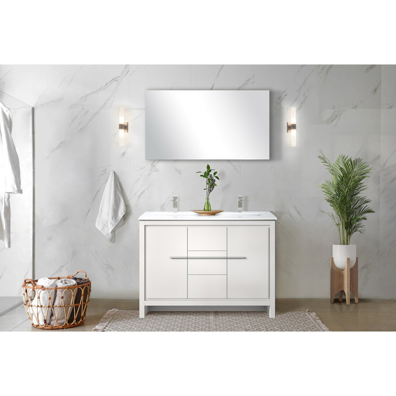 Meuble-lavabo double 48 po L, blanc avec plateau en marbre, robinet en nickel brossé et miroir 43 po