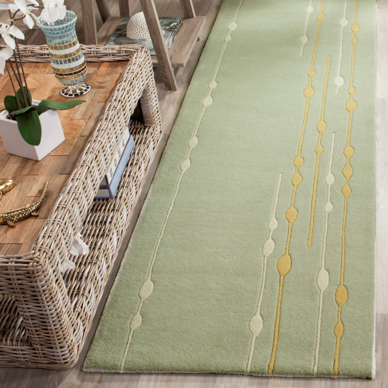 Tapis vert en laine touffeté et fabriqué à la main à motif abstrait Candelo, Tapis de couloir 2 pi 6 po x 8 pi