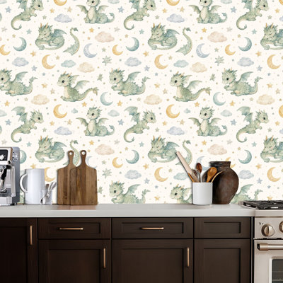 Papier peint adhésif amovible à motif aquarelle de bébés dragons mignons pour enfants, style bohème, 44,5 x 300 cm (17,5 x 118 pouces), imperméable, idéal pour chambre, salon ou cuisine.