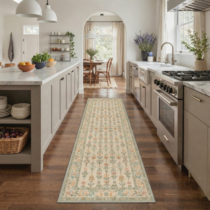 Tapis d'intérieur beige / orange / vert lavable à la machine Allsop Aura, Tapis de couloir 2 pi 6 po x 8 pi