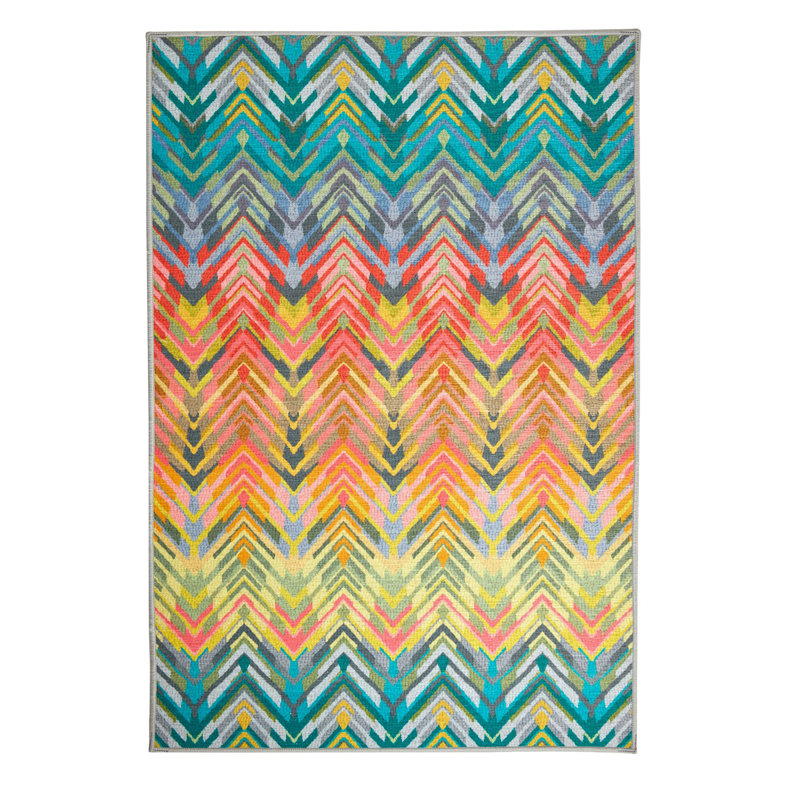 Seneca Machine Printed Polyester Chevron Area Rug in Turquoise/Red/Yellow, Rectangle 2' x 3'