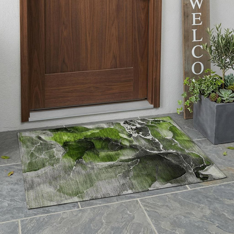 2' X 3' Green Abstract Washable Non Skid Indoor Outdoor Area Rug