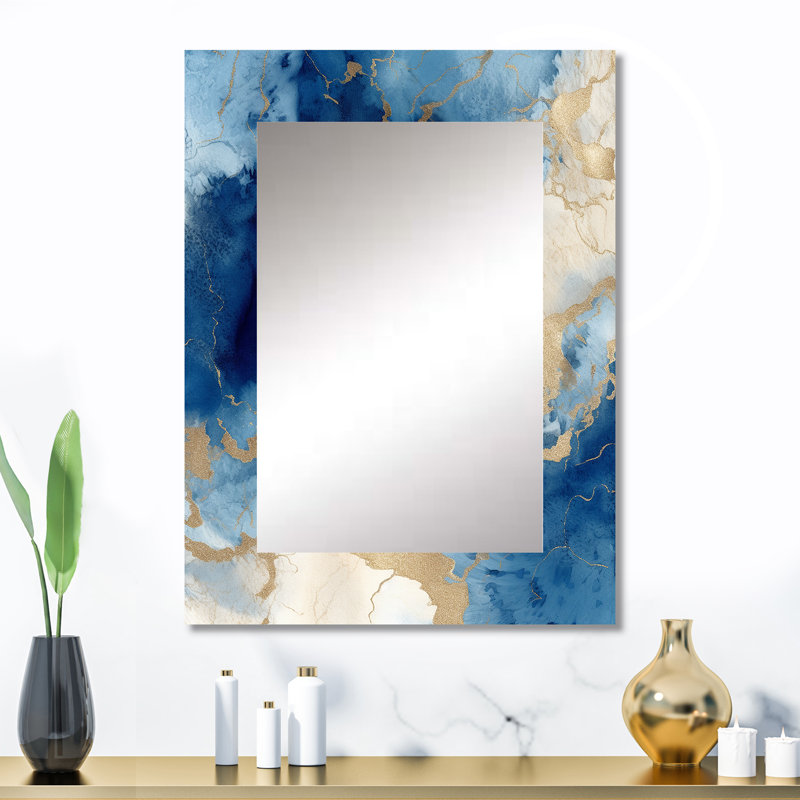 Nuage de marbre bleu et or X - Miroir décoratif abstrait sur métal, 32 po x 24 po