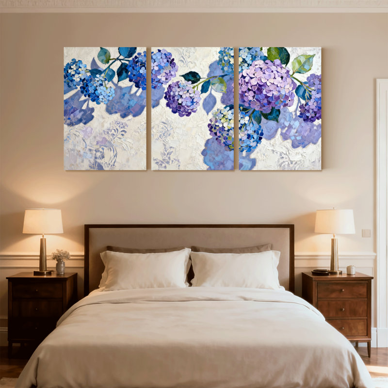 Plantes et fleurs, hortensias, ensemble de 3 reproductions d'art sur toile, H 24 po x l 48 po