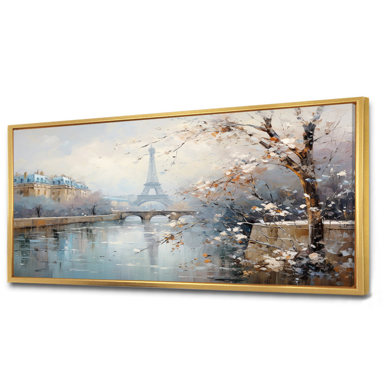 Hiver Paris, Tour Eiffel, charme de ville I - Paris, art mural, Cadre flottant doré, H 28 po x l 60 po x P 1,5 po