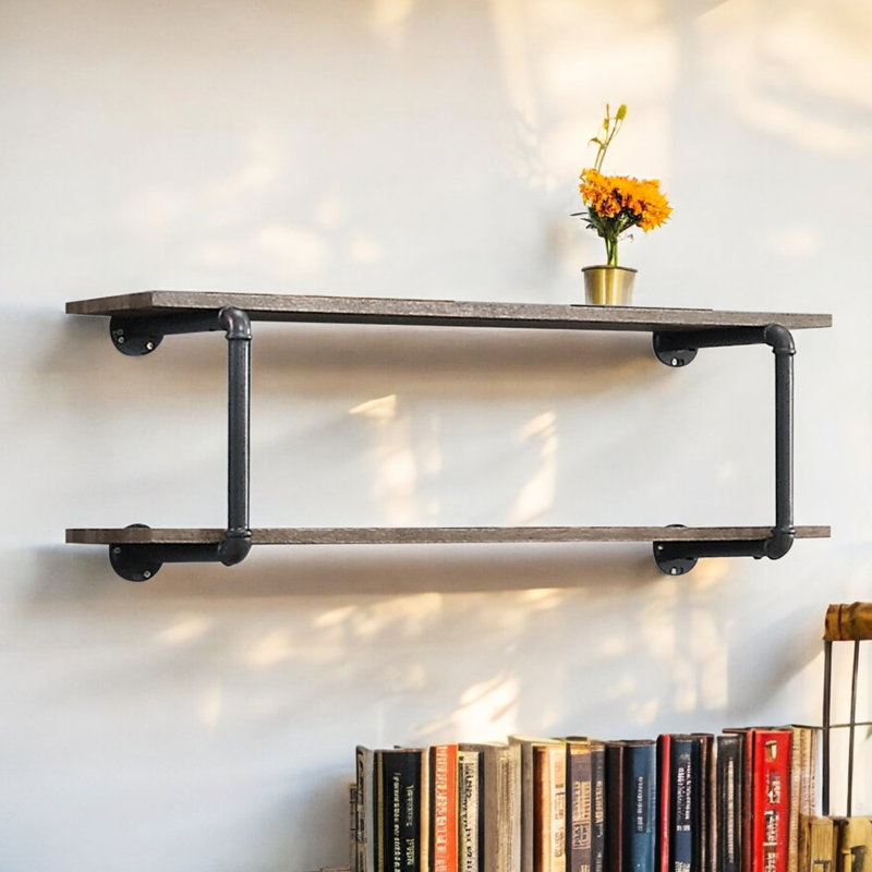 Support mural avec finition - chêne antique et gris sable, 2 tablettes pour optimiser l’espace, tube en métal, attrait pour matériaux mixtes, montage facile, présentoir gris polyvalent pour la décoration intérieure, structure, matériaux,