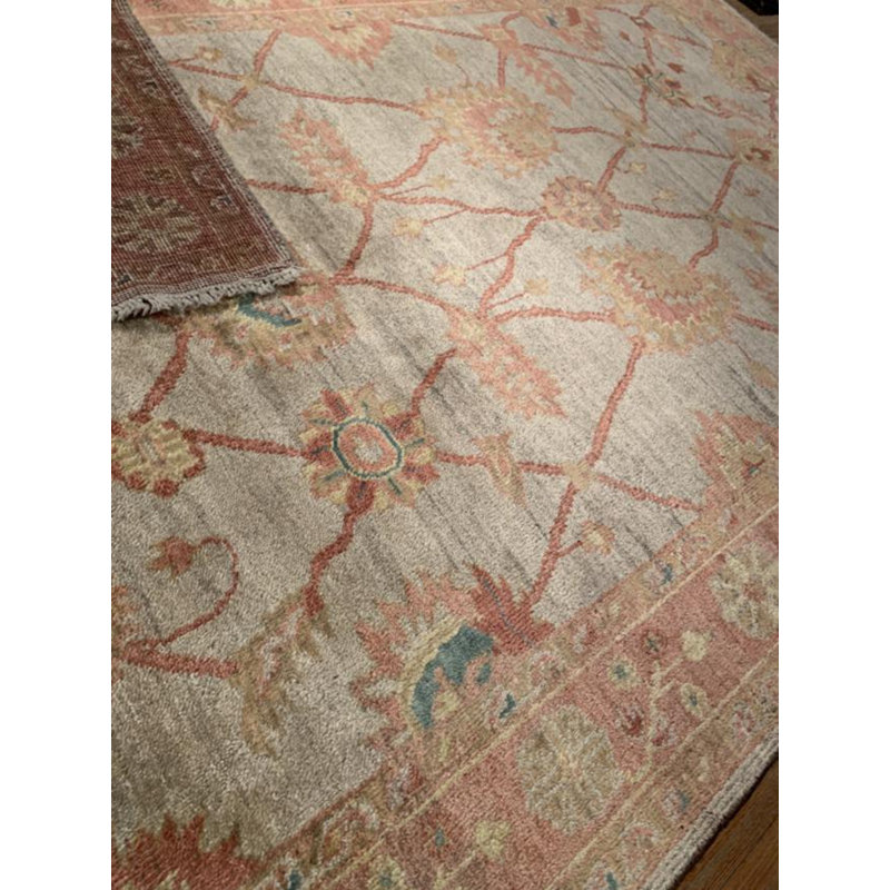 Tapis oriental jaune / orange / gris en laine noué à la main 6 pi x 9 pi