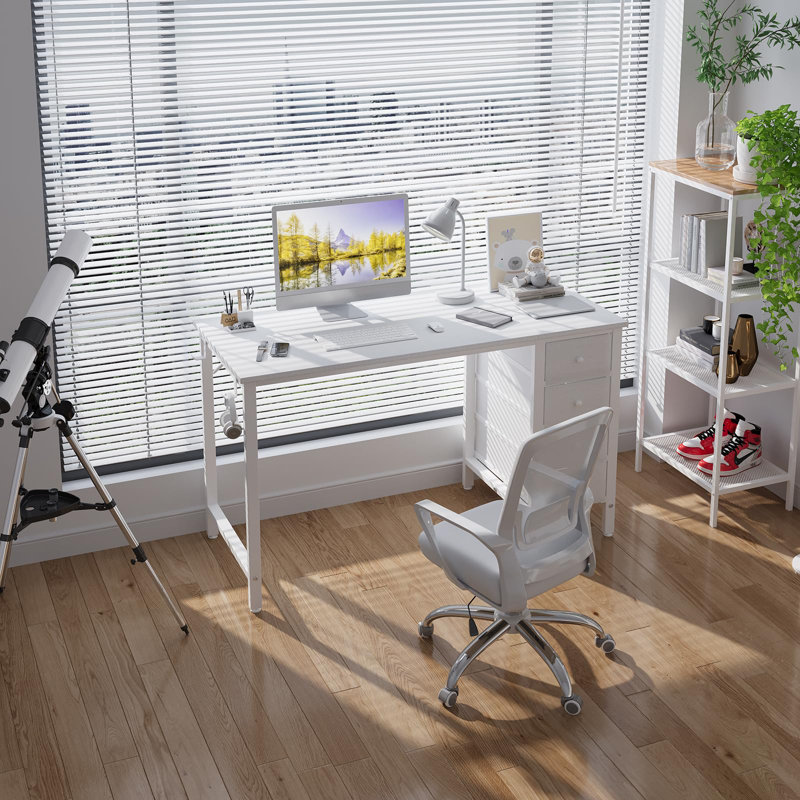 Computer Desk With Fabric Drawers, 47" Reversible Study And Work Desk, White