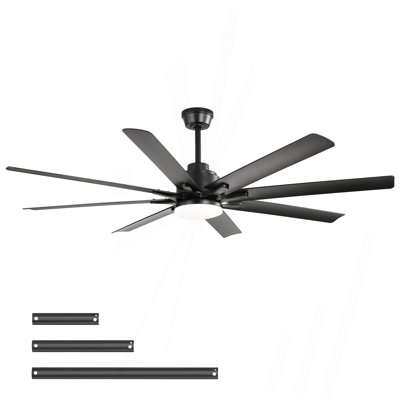 Ventilateur de plafond moderne et intelligent de 52 pouces avec lumière, 6 vitesses de vent, avec 8 pales en ABS noir, télécommande vocale, ventilateur pour chambre à coucher, salon, patio, cuisine, etc.