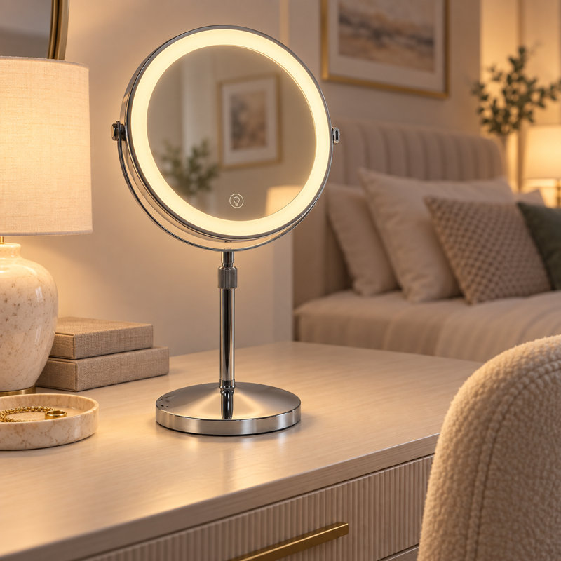 Miroir de maquillage rond en métal de 23 cm (9 pouces) avec double face DEL, grossissement 1X/10X, hauteur réglable, 3 modes de couleur et batterie rechargeable USB-C