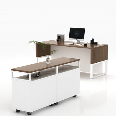 Nioma 67” Wide L-Shaped Executive Desk With Mobile Filing Storage Cabinet And Bookcase