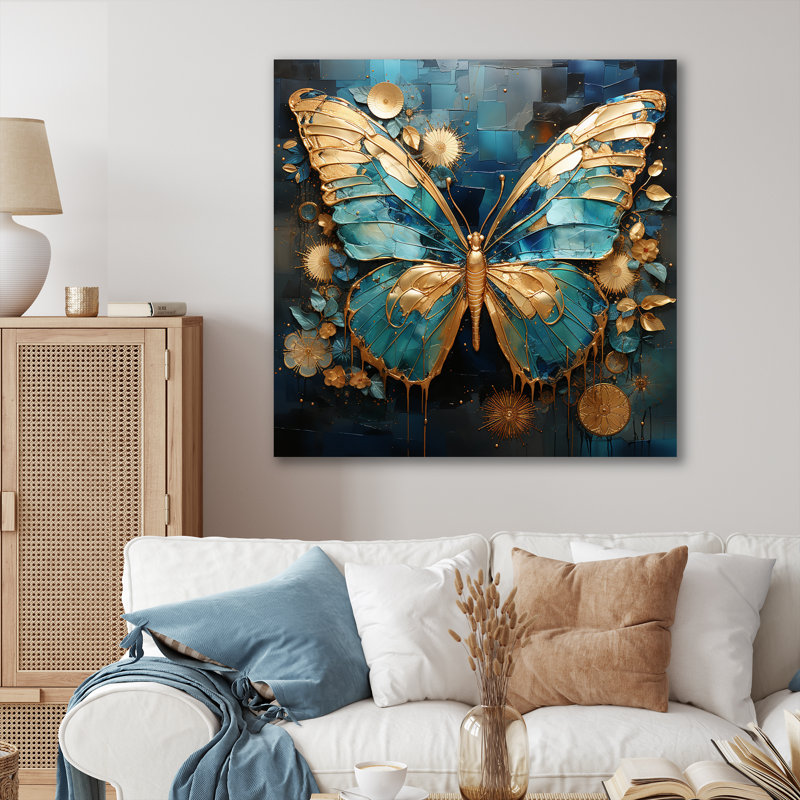 Art mural papillon doré et bleu II, Toile tendue, H 30 po x l 30 po