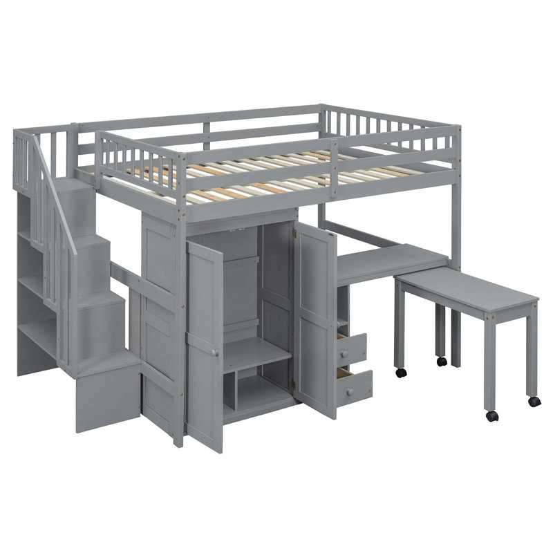 Loft Bed with Stairs, Bookshelf, Drawers, Desk & Wardrobe, Gray, Full