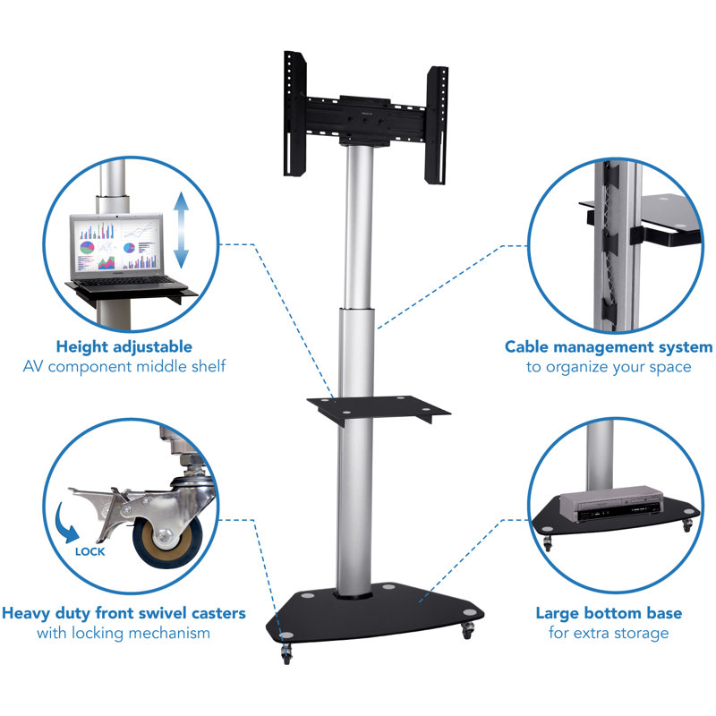 Mount-It! Mobile TV Cart, Height Adjustable Rolling Stand with Component Shelf and Rolling Casters