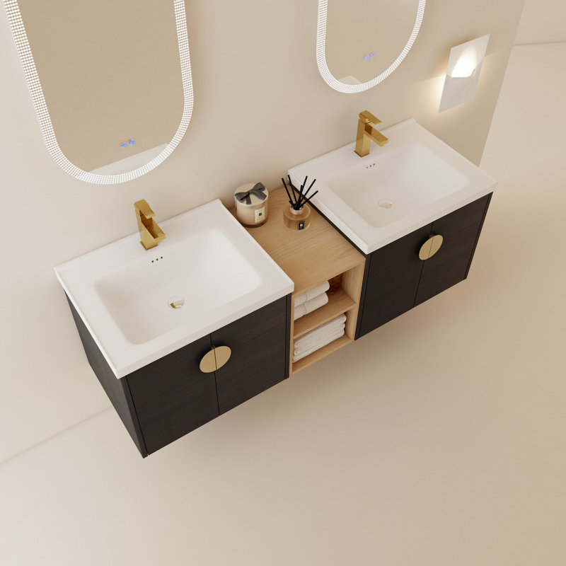 Armoire de salle de bain 60 po en châtaignier noir avec lavabo et tablette - fini meuble-lavabo mural moderne de 60 po, Noir