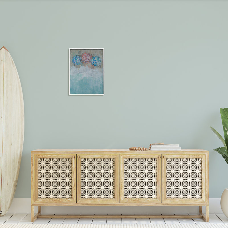Trio de parasol de plage abstrait O par Reesa Qualia 945, H 20 po x l 16 po x P 1,5 po, Giclée encadrée blanc bord de mer