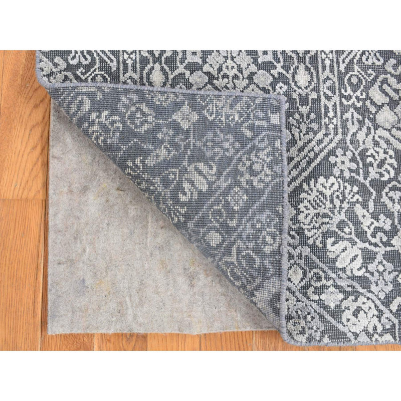 Tapis gris anthracite 2 pi 1 po x 2 pi 1 po, soie avec laine texturée, motif ton sur ton, noué à la main, échantillon de tapis oriental B750CAE92ECA4323A68BA1AEAAA9EE7B