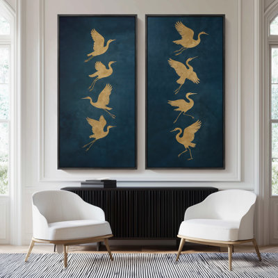 Cranes on Deep Blue Background for Entryway - Set of 2 Framed Wall Art Print on Canvas 60" 2pcs