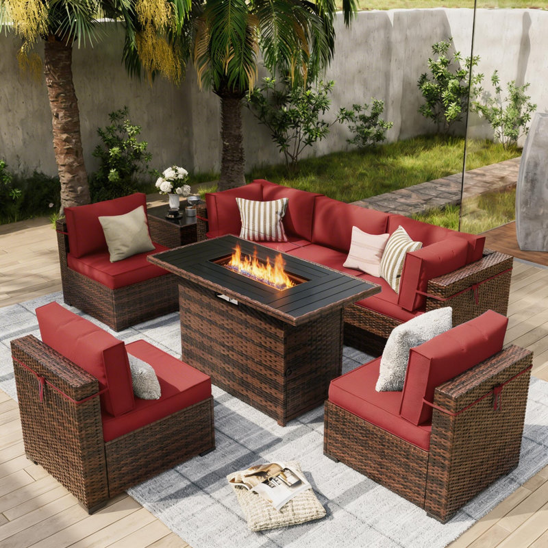 Romanas 8 Piece Patio Conversation Sets With Fire Pit Table, Burgundy