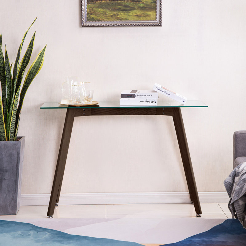 Diano 43.3" Narrow Console Table with Solid Wood Legs and Tempered Glass Top Desk, Walnut Brown