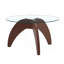Table basse créative de style triangulaire à pattes rondes, d'environ 27,5 pouces de diamètre, avec plateau en verre trempé transparent et panneau de fibres à densité moyenne de couleur noyer.  comme table basse de salon, etc.-132967181