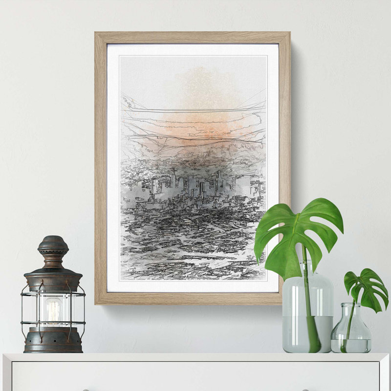 High over the Los Angeles Skyline in Abstract - Picture Frame Graphic Art Print, 48cm H x 36cm W x 2cm D, Oak Framed