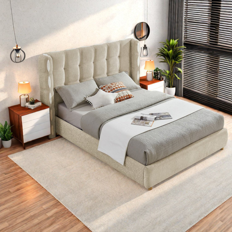 Grands lits de rangement en chenille, plateforme à oreilles moderne pour la chambre à coucher