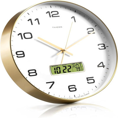 Wall Clock, 14" Large Dial Non-Ticking Silent Battery Operated Analog With LCD Display For Perpetual Calendar And F° Temperature, Ideal Modern Home, Bedroom, Office Decor (Gold)