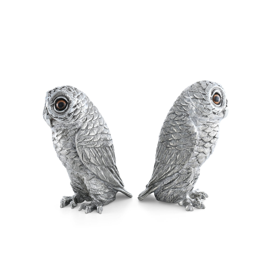 Harvest Pewter Metal Owl Salt and Pepper Shaker Set with Hand-Painted Eyes Vagabond House