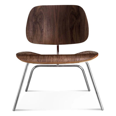 Chaise longue moulée en contreplaqué moulé avec configuration basse, style américain, bois de noyer, pieds en acier inoxydable fini, assise et dossier bien conçus, profondeur de 24,5 po, largeur de 22 po, hauteur de conception de 26,5 po,