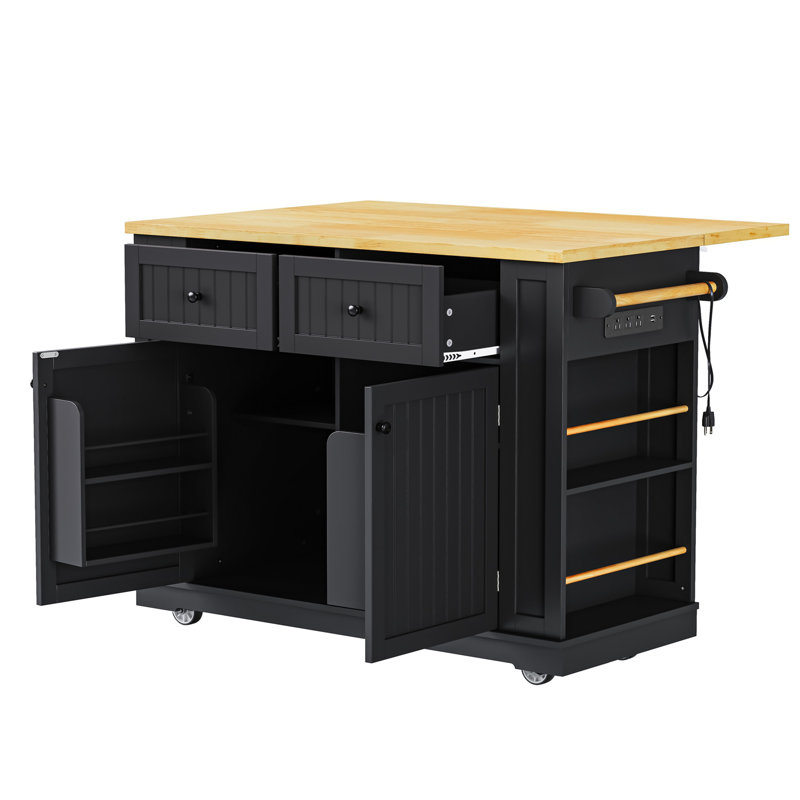 48-Inch Kitchen Island - Folding Kitchen Leaf + Electrical Outlet + 2 Bar Stools, 5-Wheel Rolling Kitchen Storage Cart With 5 Side Shelves