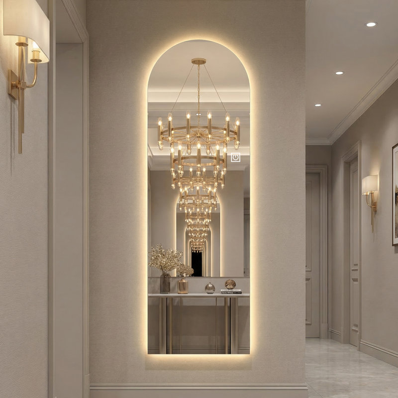 LED Full Length Wall Mirror With Symmetrical Arch Design, 3-Color Dimmable Lighting