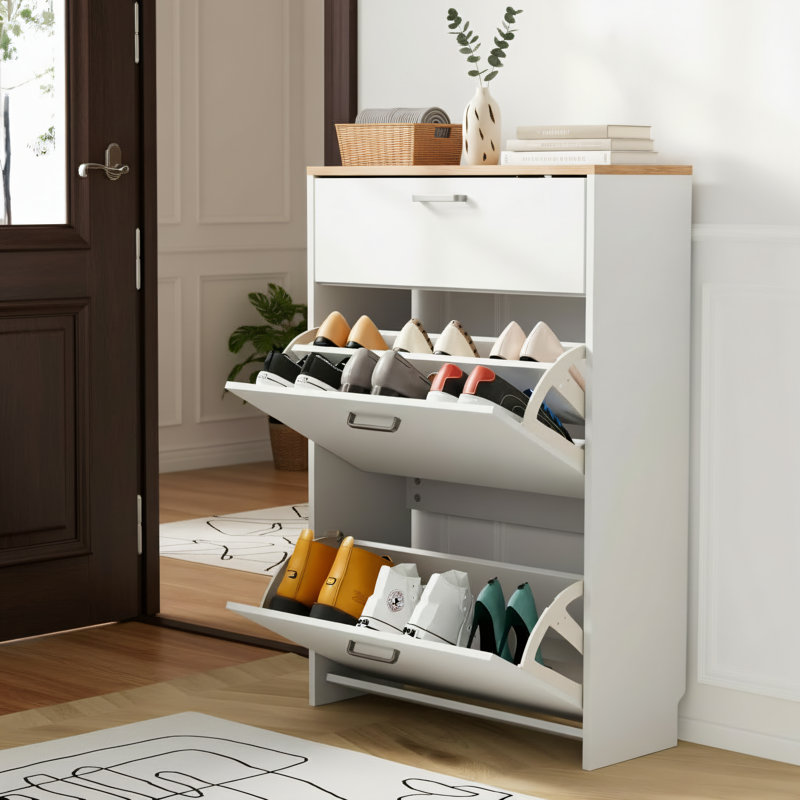 Modern Slim Wooden Entryway Shoe Cabinet, 24.7-Inch Width, With 2 Flip-Tops + 1 Pull-Down Drawer, Freestanding, Suitable For Front Entrances And Hallways, White.