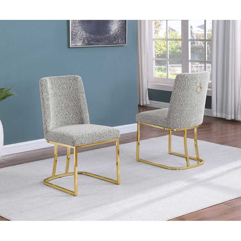 Minimal Side Chairs With Boucle Fabric Base, Rich Gray, Gold