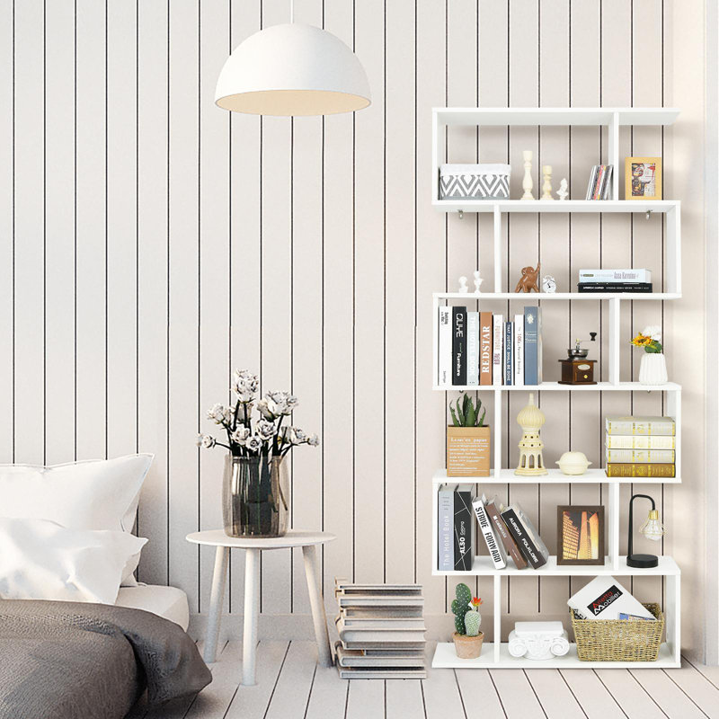 White S-Shaped 6-Tier Wooden Geometric Bookcase