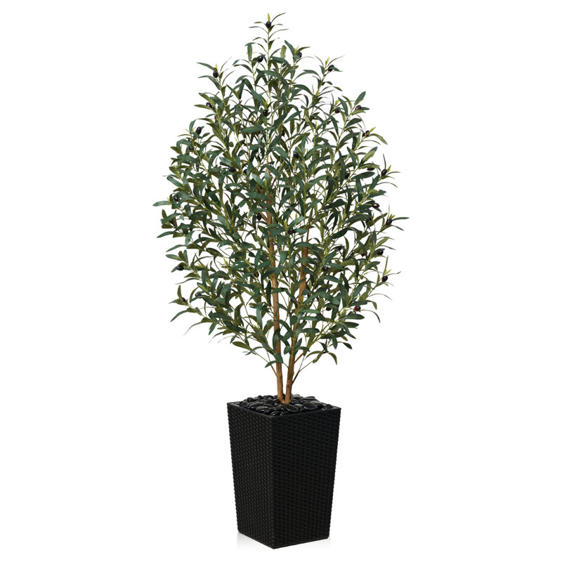 Adcock Faux Olive Tree with UV Protection, 2 Natural Tree Trunks, Large Decorative Potted Olive Tree, Black