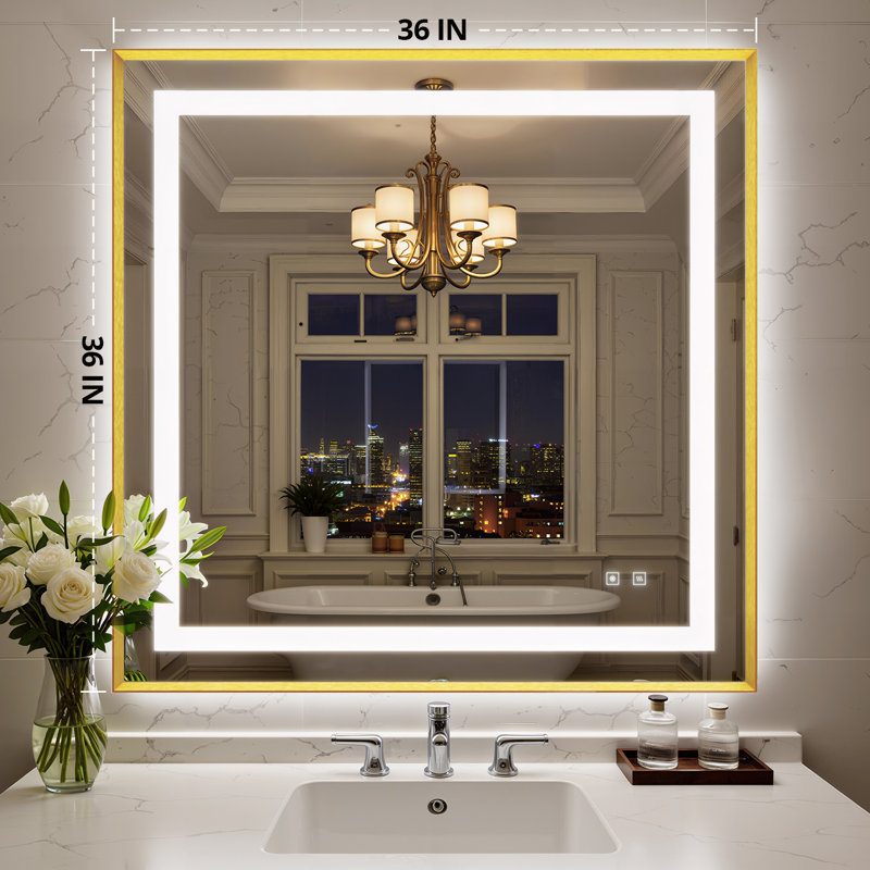 Bathroom LED Mirror Brushed Gold Metal Frame Frontlit & Backlit Vanity Mirror Anti-Fog Stepless Dimmable 3 Colors Wall-Mounted