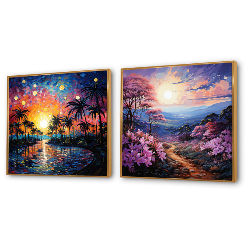 Palmiers - pointillisme coloré - ensemble de 2 collages carrés de paysages abstraits, Cadre flottant doré, H 30 po x l 61 po