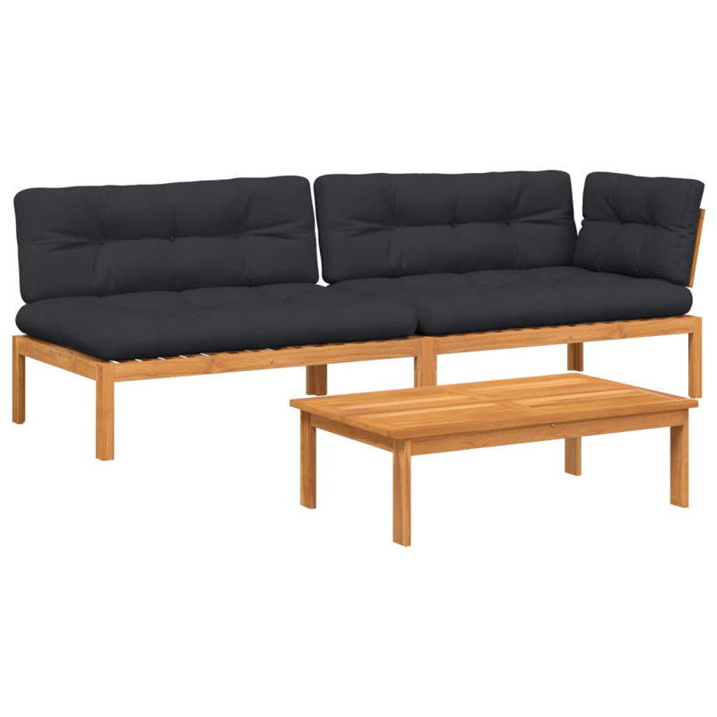  Ensemble de canapé palette en bois d'acacia avec coussins noirs, Noir, Brun