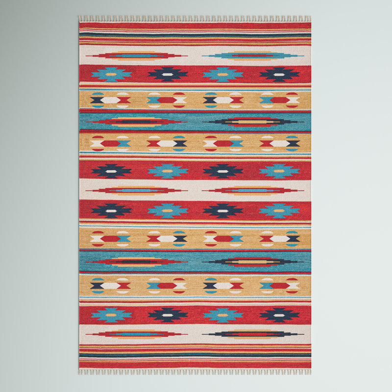 Eriksen Southwestern Flatweave Wool Cotton Beige/Red/Blue Area Rug, Rectangle 6' x 9'
