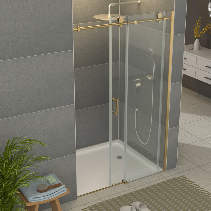 48"- 48 13/16" W x 76" H Single Sliding Frameless Shower Door with 5/16 in. Clear Tempered Glass, Gold
